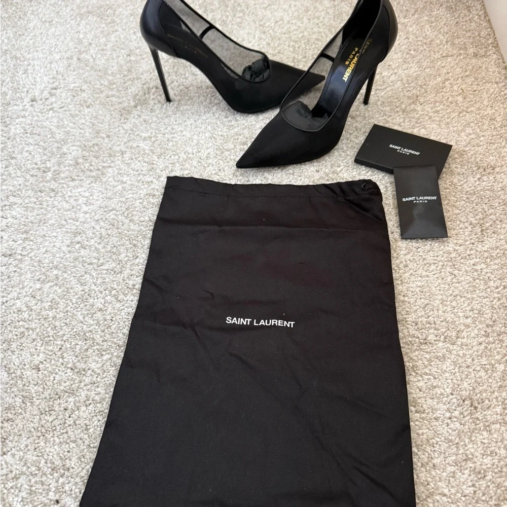 Saint Laurent Black Pointed Satin Pumps with Gold Insole Logo - Picture 4 of 7